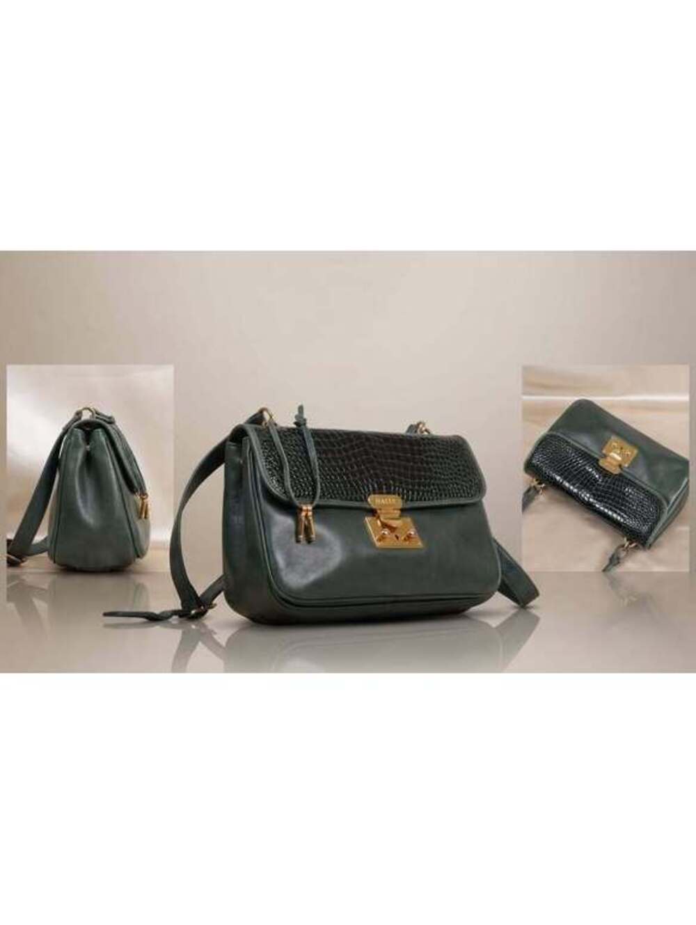 Vintage Bally Green Leather Crocodile Flap Shoulder Bag